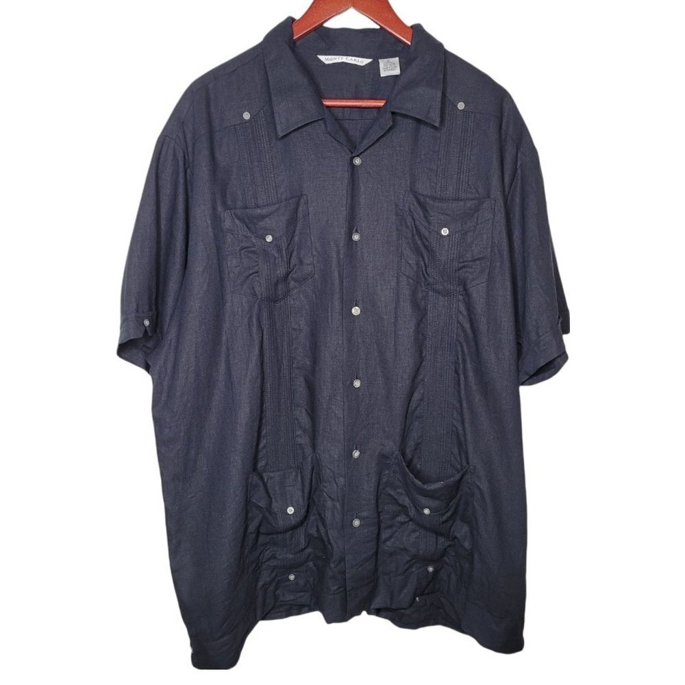 Monte Carlo Black Linen Blend Pleated detail short sleeve Button up Mens size XL